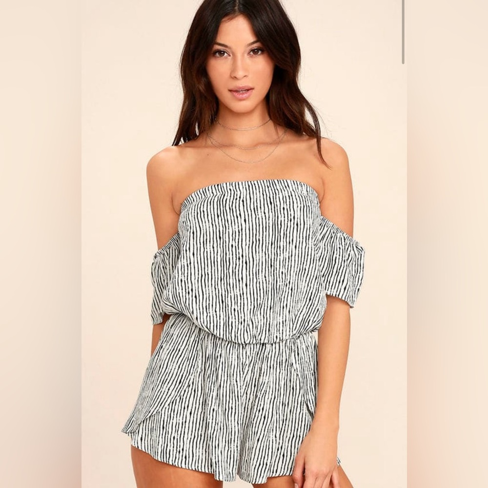Get-Together Black and White Striped Off-the-Shoulder Romper